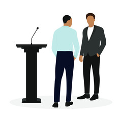 Stand with microphone and two male characters in business clothes on a white background