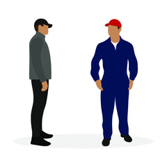 Fototapeta premium Male character in casual clothes and male character in work overalls together on a white background