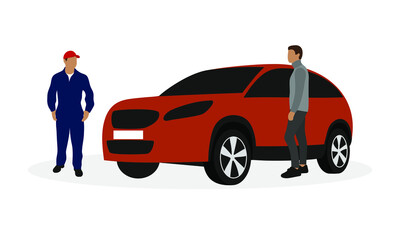 Male character and mechanic in work overalls are standing near the car