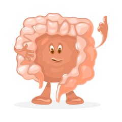 Happy human internal organ with emotion. Vector digestive tract or rectum in good condition. Microscopic bacterias, microflora and viruses. Medicine and healthcare design isolated on white background