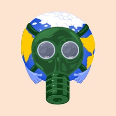 Earth in protective mask from environmental pollution, industrial smog and fine dust. Vector global air pollution problem and disaster design isolated on beige background