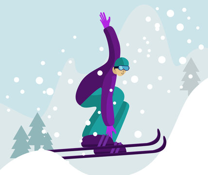 poster design dedicated to winter sports. Image of a young man in motion on skis against the background of mountains and Christmas trees. Perfect for printing banners, business cards, postcards, 