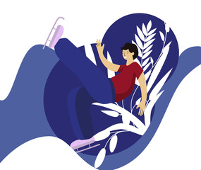 poster design dedicated to winter sports. Image of a young man on skates on an abstract background. Perfect for printing banners, business cards, postcards, invitations. EPS 10