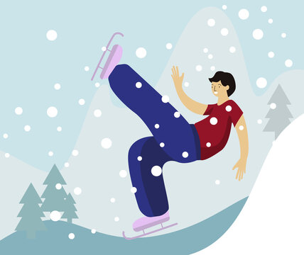 poster design dedicated to winter sports. Image of a young man on skates against the background of mountains and Christmas trees. Perfect for printing banners, business cards, postcards, invitations. 