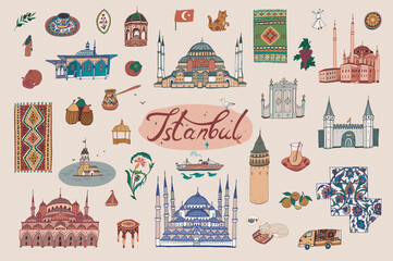 Obraz premium Turkey Istanbul architecture and culture objects vector hand drawn illustrations set