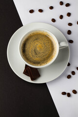 Coffee cup and coffee beans. Top view