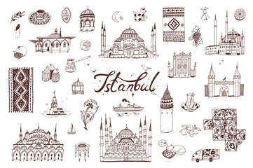 Turkey Istanbul architecture and culture objects vector hand drawn line illustrations set