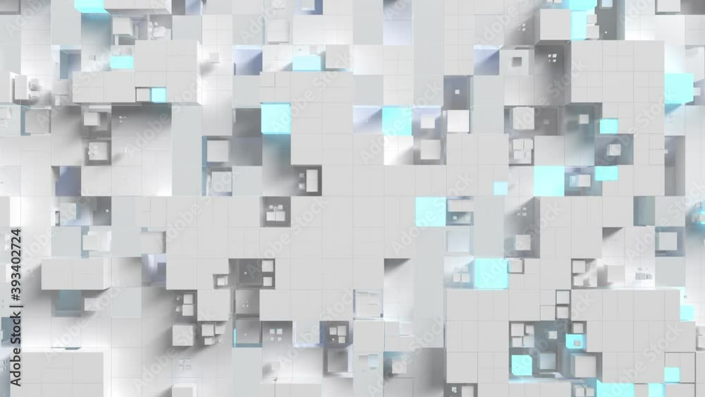 Poster 3d render of white and blue glow cubes in a random pattern grid. bright technology background. diffe