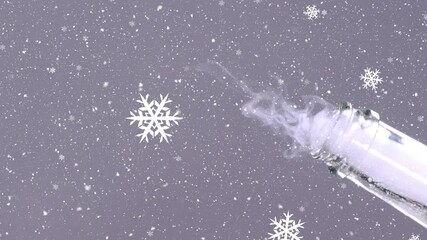 Animation of champagne bottle cork popping with snowflakes falling - Powered by Adobe