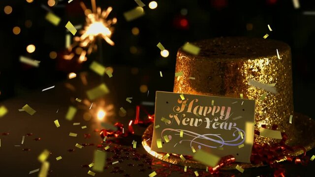 Animation of happy new year text on gold tag with gold party hat