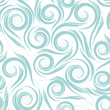 Turquoise smooth lines waves or water splashes isolated on white background vector seamless pattern. Abstract texture of the sea or whirlpool.