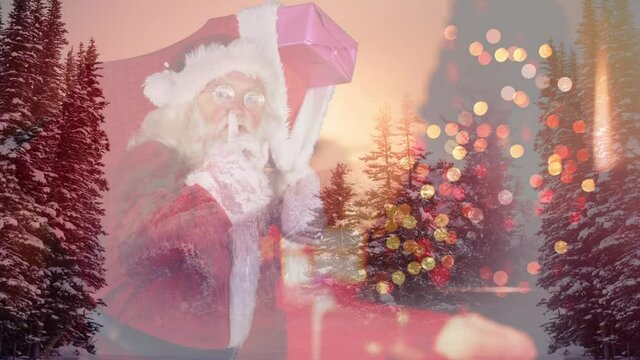 Digital composition of snow landscape against santa claus with finger on lips carrying sack of chris