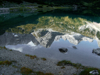 Via ferrata at high mountain lake Seebensee, Ehrwalder Sonnenspitze mountain, Tyrol, Austria
