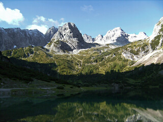 Via ferrata at high mountain lake Seebensee, Ehrwalder Sonnenspitze mountain, Tyrol, Austria