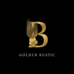 luxurious letter B with flower and palm leaves golden rustic vintage brand for royal company, event or personal identity, salon, spa, fashion, beauty care. silver color in dummy text