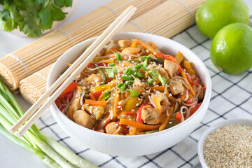 Glass noodles with chicken, shrimp and vegetables. Asian cuisine