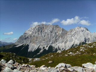 Fototapeta na wymiar Via ferrata at high mountain lake Seebensee, Zugspitze mountain, Tyrol, Austria