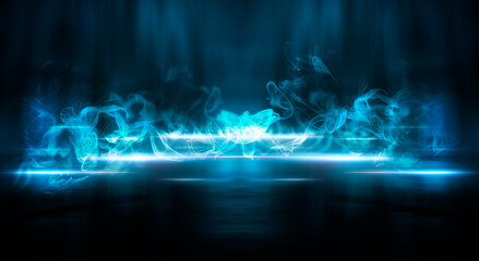 Dark street, neon light, smoke. Abstract dark background with neon glow, Wet asphalt, reflection on the water. Neon Rays and Lines.