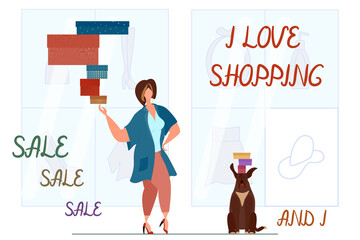 A fat beautiful woman holds a lot of gifts in boxes on one finger. Body positive, shopping in the supermarket, communicating with your pet. Lettering - I love shopping. Vector in a flat style.