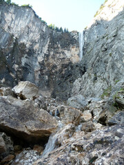 Via ferrata at high mountain lake Seebensee, Zugspitze mountain, Tyrol, Austria