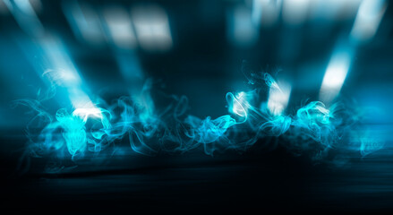 Dark street, neon light, smoke. Abstract dark background with neon glow, Wet asphalt, reflection on the water. Neon Rays and Lines.