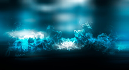 Dark street, neon light, smoke. Abstract dark background with neon glow, Wet asphalt, reflection on the water. Neon Rays and Lines.