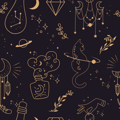 Mystieke naadloze achtergrond. Silhouetten van heksendrankjes in flessen en katten. Planeten, ruimte en sterren. DoodlePattern ontwerp. Hand getekend. Esoterische symbolen en hekserij.