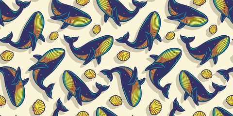 Fototapeta premium Colored seamless pattern wallpaper with whale. Underwater animals, wild ocean life for marine design