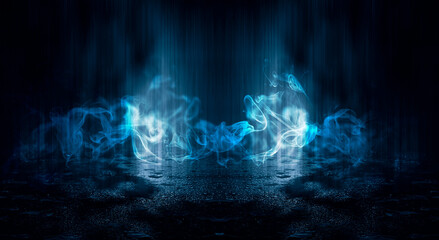 Dark street, neon light, smoke. Abstract dark background with neon glow, Wet asphalt, reflection on the water. Neon Rays and Lines.