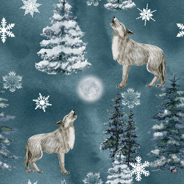 Watercolor christmas seamless pattern with wild animals. Hand painted wolf, trees, moon. Winter wild life.