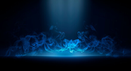 Dark street, neon light, smoke. Abstract dark background with neon glow, Wet asphalt, reflection on the water. Neon Rays and Lines.