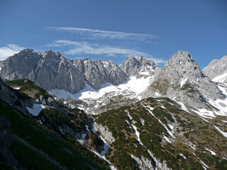 Via ferrata at high mountain lake Seebensee, Zugspitze mountain, Tyrol, Austria