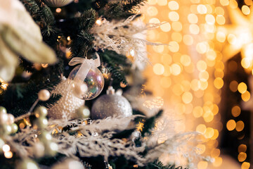 Christmas green pine tree with background bokeh light, toning color