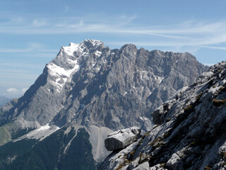 Via ferrata at high mountain lake Seebensee, Zugspitze mountain, Tyrol, Austria
