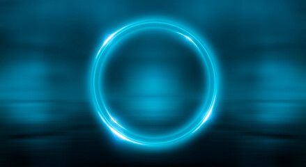 Neon circle. Dark street, neon light, smoke. Abstract dark background with neon glow, Wet asphalt, reflection on the water. Neon Rays and Lines.