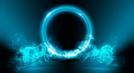 Neon circle. Dark street, neon light, smoke. Abstract dark background with neon glow, Wet asphalt, reflection on the water. Neon Rays and Lines.