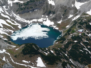 Via ferrata at high mountain lake Seebensee, Zugspitze mountain, Tyrol, Austria