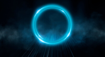 Neon circle. Dark street, neon light, smoke. Abstract dark background with neon glow, Wet asphalt, reflection on the water. Neon Rays and Lines.