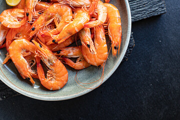 fresh shrimp seafood cooked prawn  ready to eat serving on plate healthy meal snack top view copy space for text food background rustic