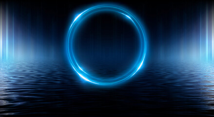 Neon circle. Dark street, neon light, smoke. Abstract dark background with neon glow, Wet asphalt, reflection on the water. Neon Rays and Lines.