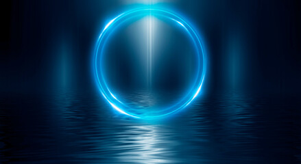 Neon circle. Dark street, neon light, smoke. Abstract dark background with neon glow, Wet asphalt, reflection on the water. Neon Rays and Lines.