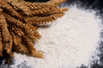 A bunch of wheat spikelets at the top left. In the center is the handful of flour.