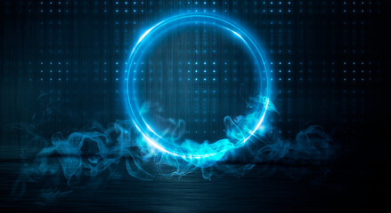 Neon circle. Dark street, neon light, smoke. Abstract dark background with neon glow, Wet asphalt, reflection on the water. Neon Rays and Lines.