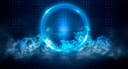 Neon circle. Dark street, neon light, smoke. Abstract dark background with neon glow, Wet asphalt, reflection on the water. Neon Rays and Lines.