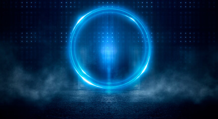 Neon circle. Dark street, neon light, smoke. Abstract dark background with neon glow, Wet asphalt, reflection on the water. Neon Rays and Lines.