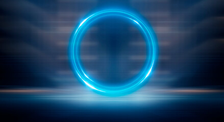 Neon circle. Dark street, neon light, smoke. Abstract dark background with neon glow, Wet asphalt, reflection on the water. Neon Rays and Lines.