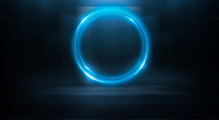 Neon circle. Dark street, neon light, smoke. Abstract dark background with neon glow, Wet asphalt, reflection on the water. Neon Rays and Lines.
