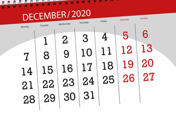 Calendar planner for the month december 2020, deadline day