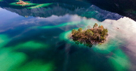 Autumn lake Eibsee view from top with Caribbean water colors