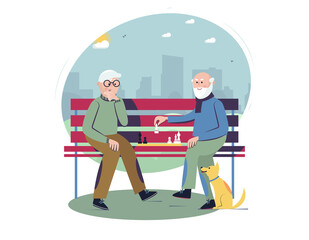 Senior social active lifestyle concept. Senior men playing chess on the bench in the park. Vector flat illustration. Template design for poster, card, web, etc. 
